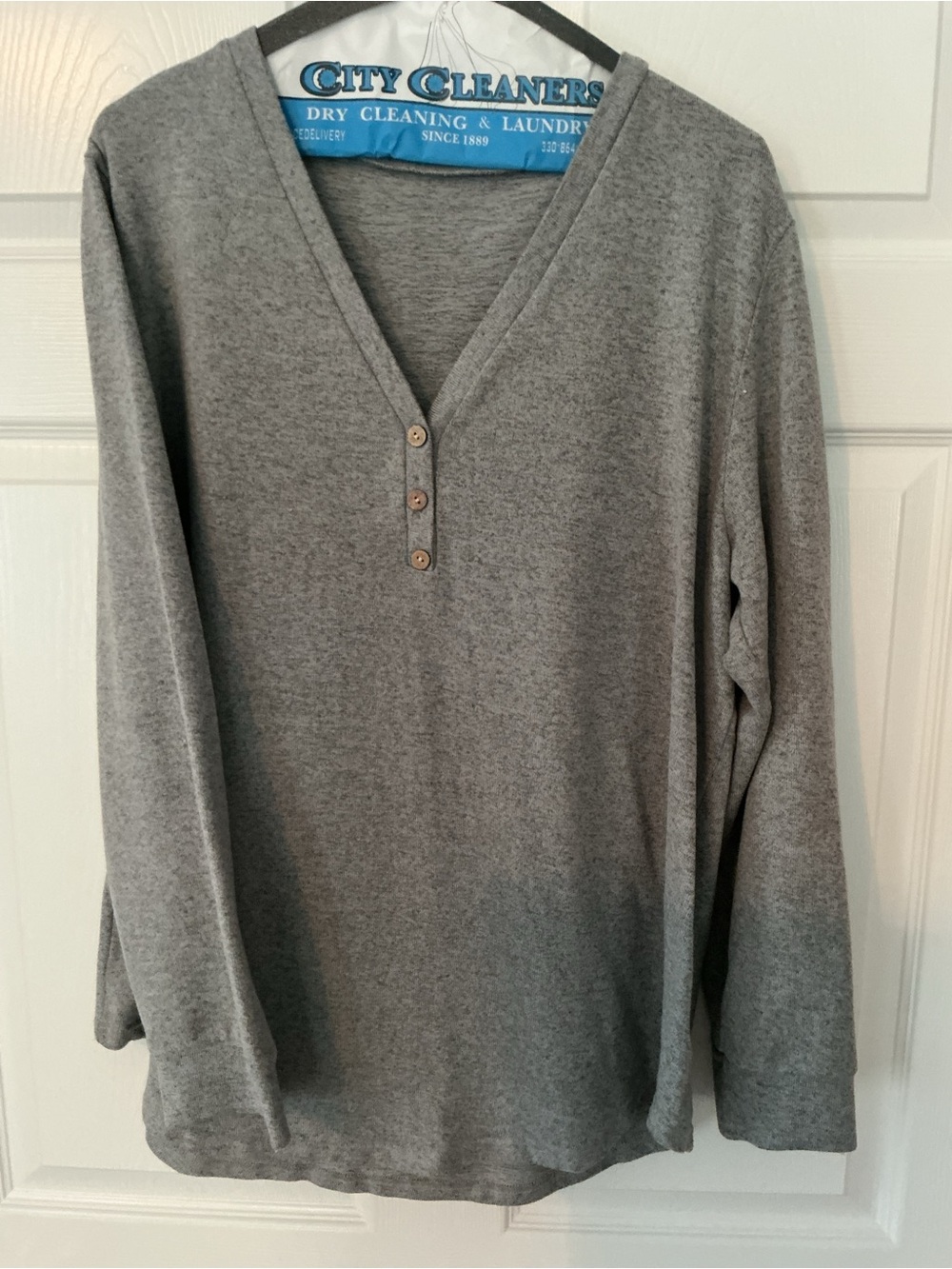 Women's Gray V-Neck Button Pullover Sweater